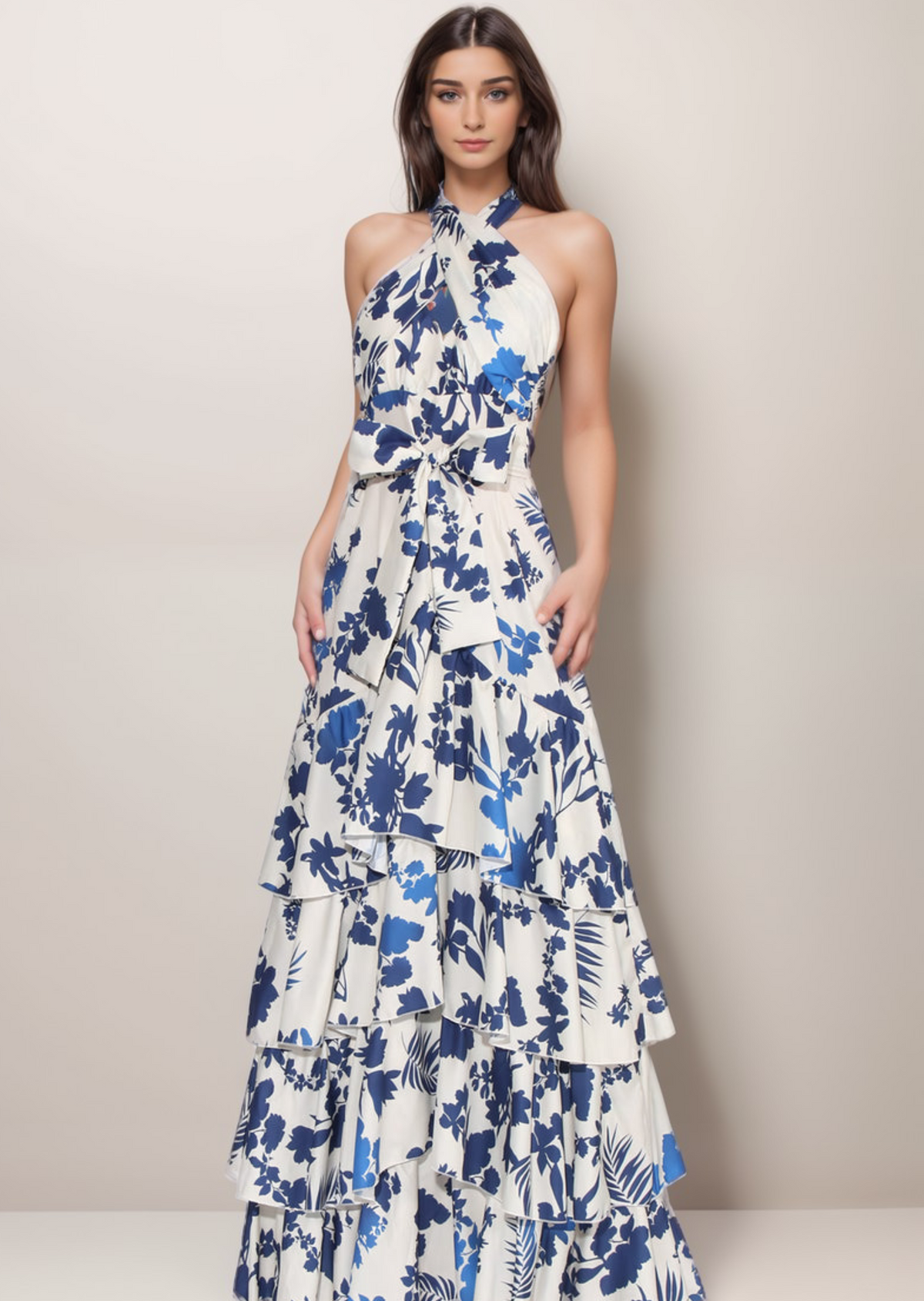 Vestido halter blanco azul