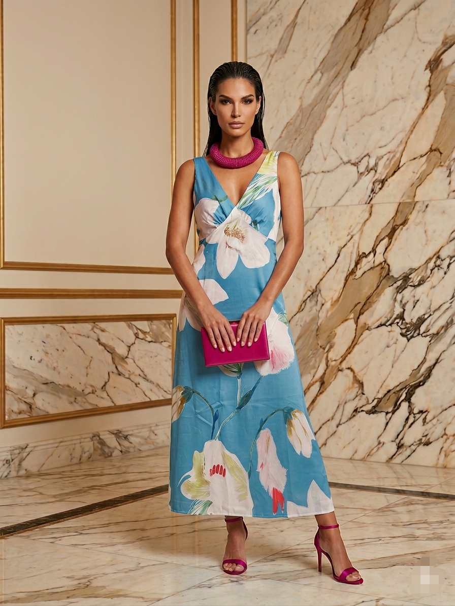 Vestido midi turquesa floral