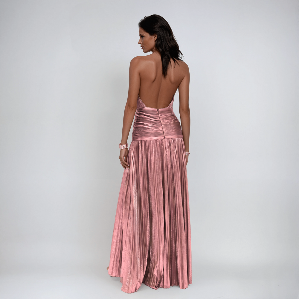 Vestido palo de rosa metalico