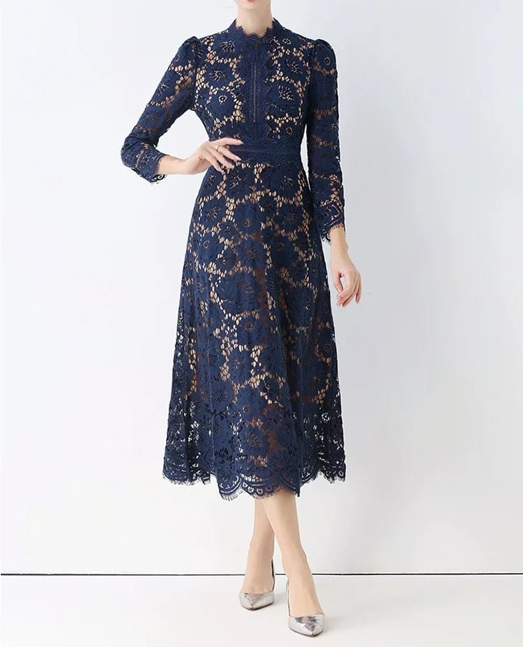 Vestido azul marino midi manga larga