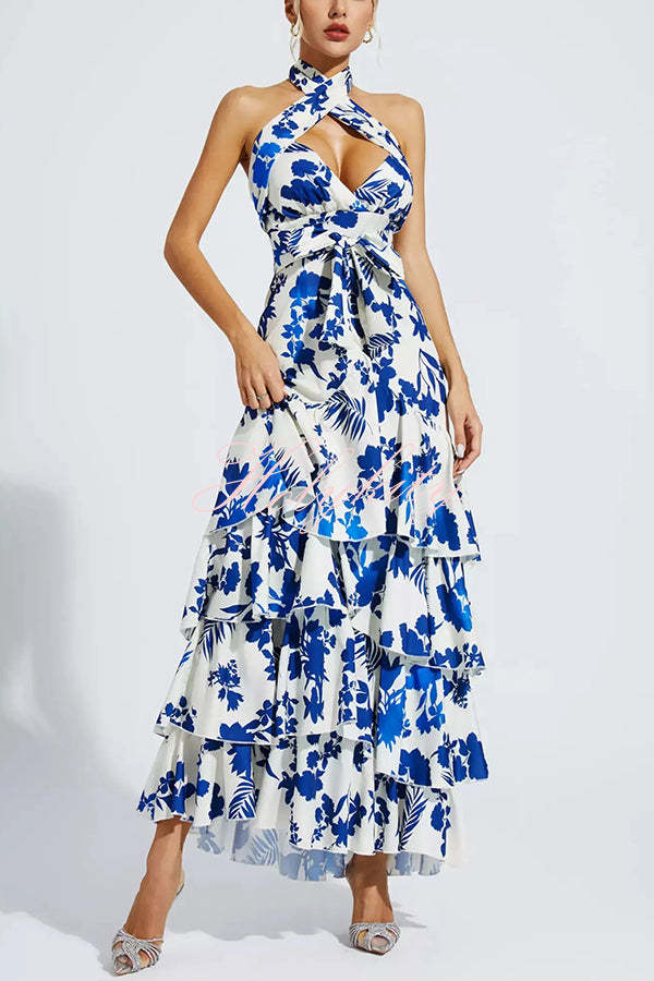 Vestido halter blanco azul