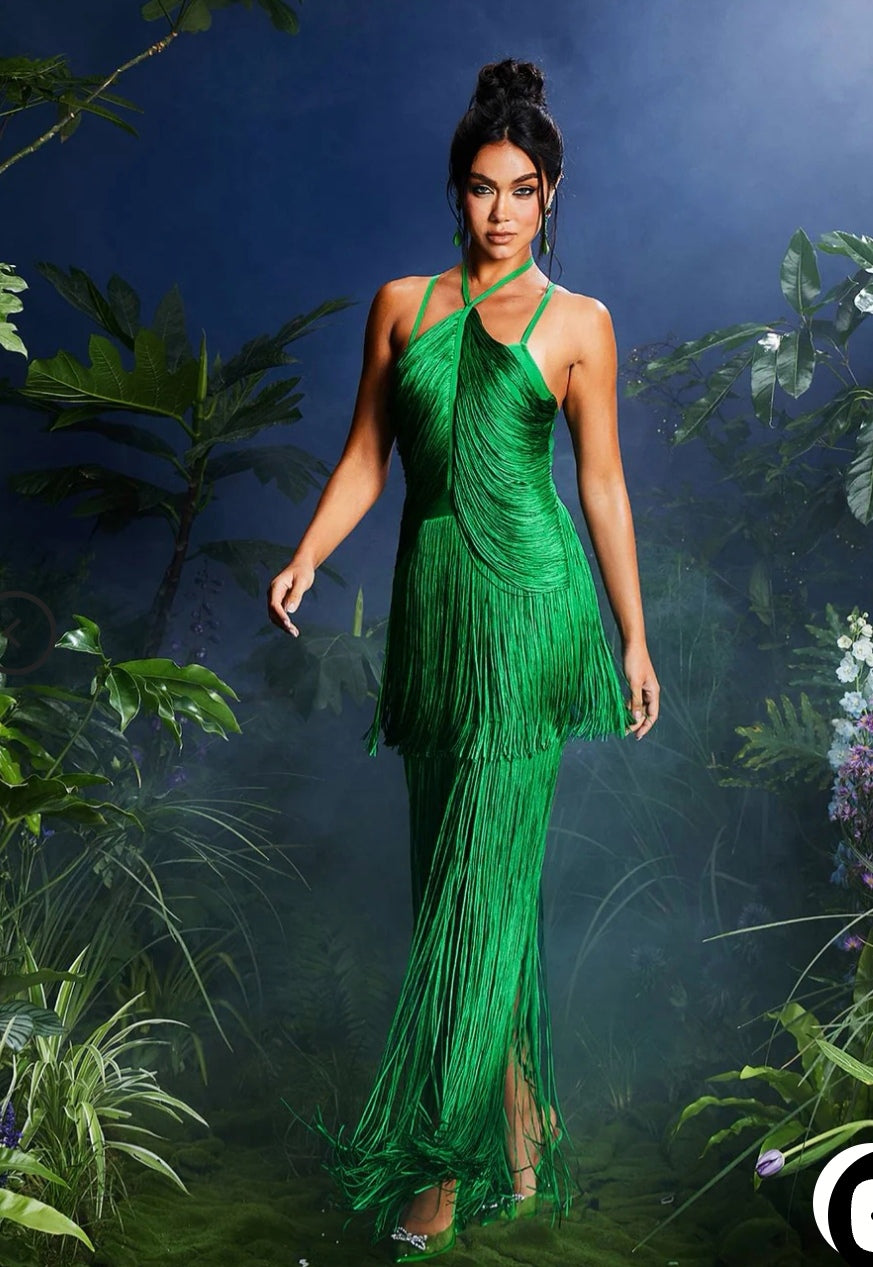 Vestido bandage verde flecos