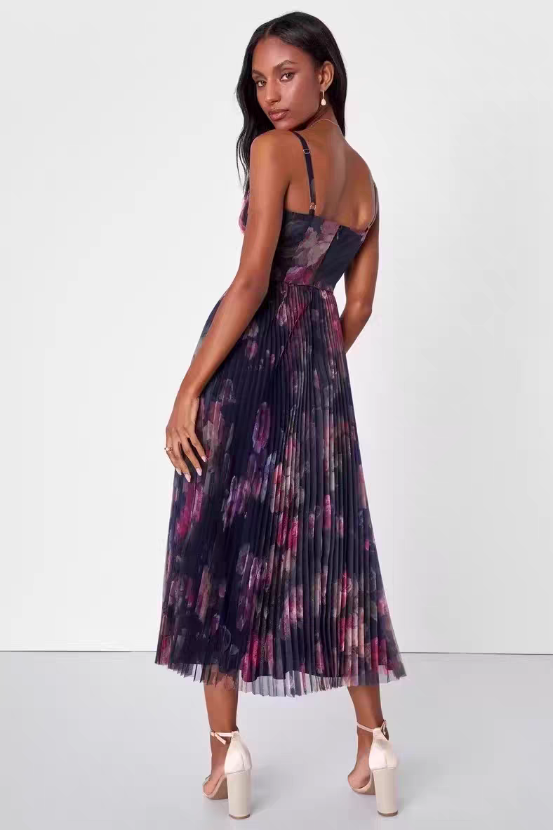 Vestido cocktail tirantes plisado estampado