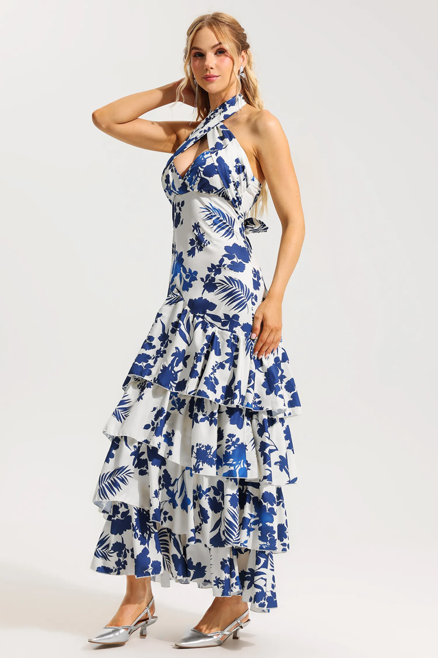 Vestido halter blanco azul