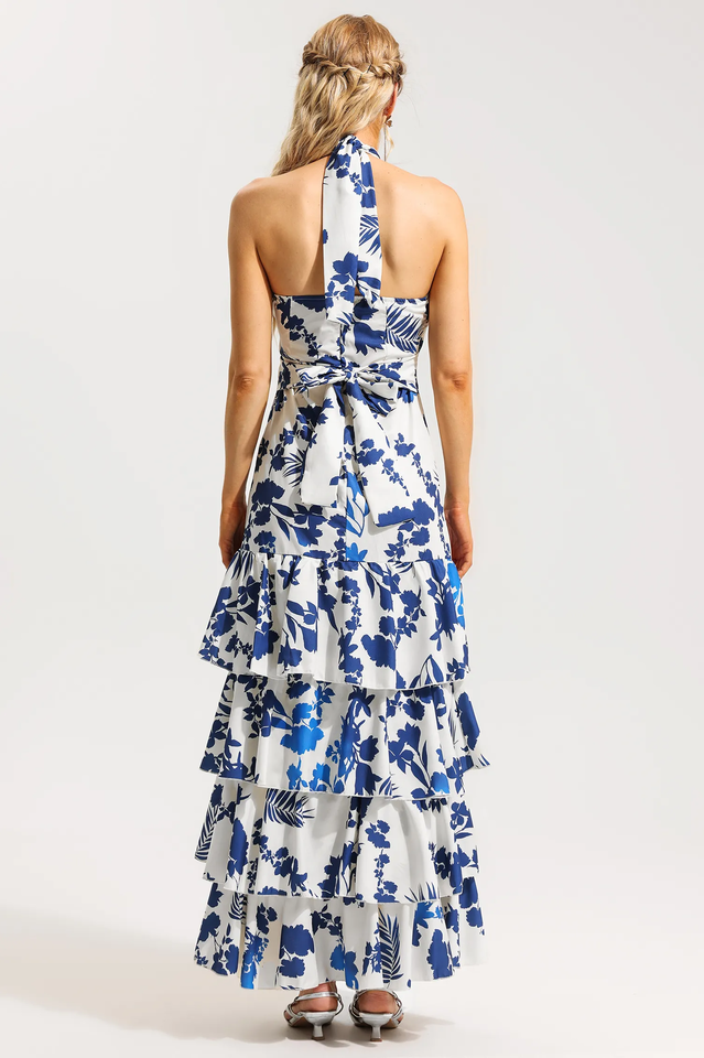 Vestido halter blanco azul