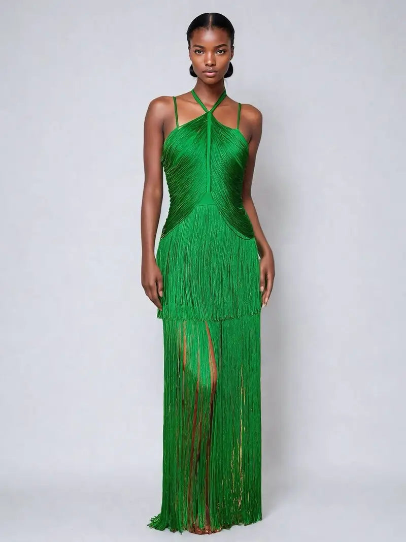 Vestido bandage verde flecos