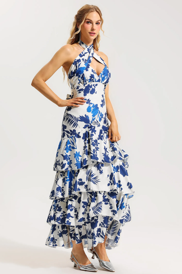 Vestido halter blanco azul