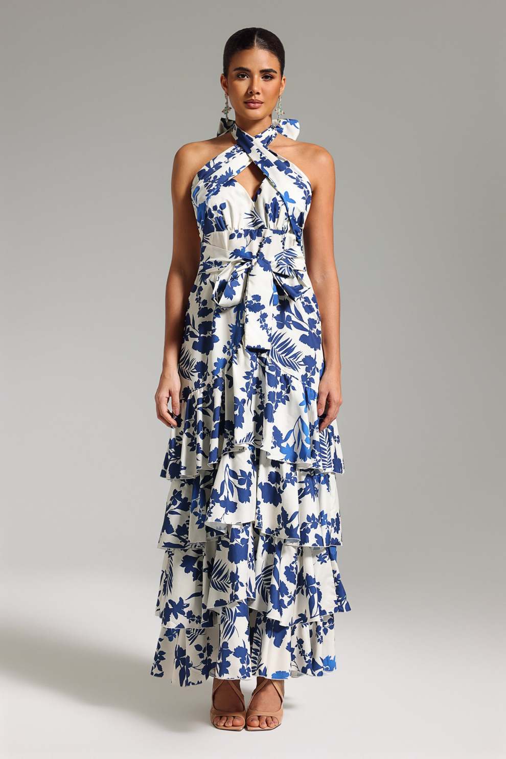 Vestido halter blanco azul