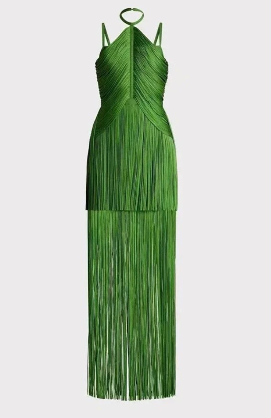 Vestido bandage verde flecos