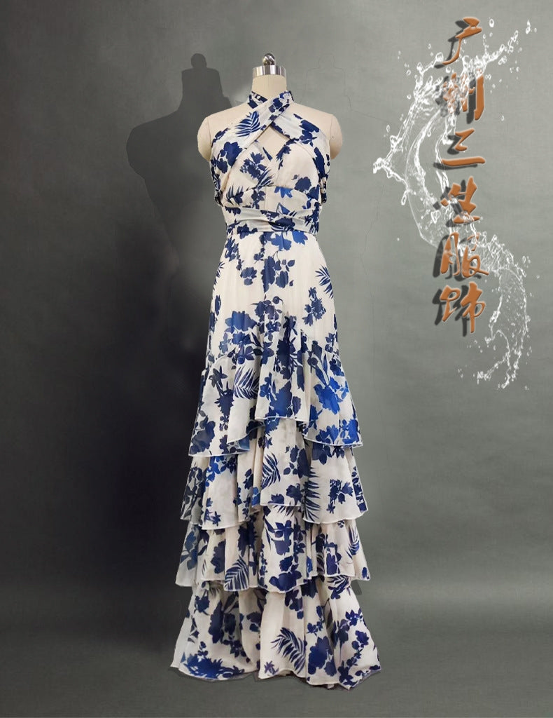 Vestido halter blanco azul