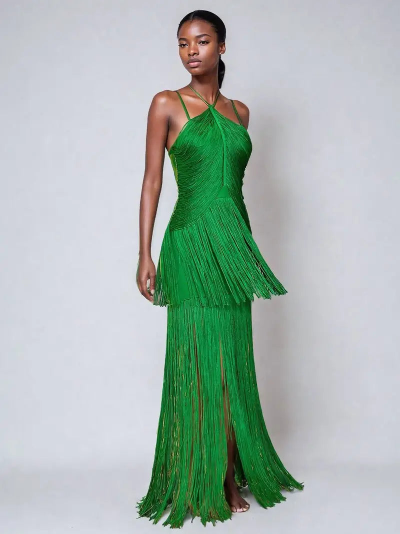 Vestido bandage verde flecos