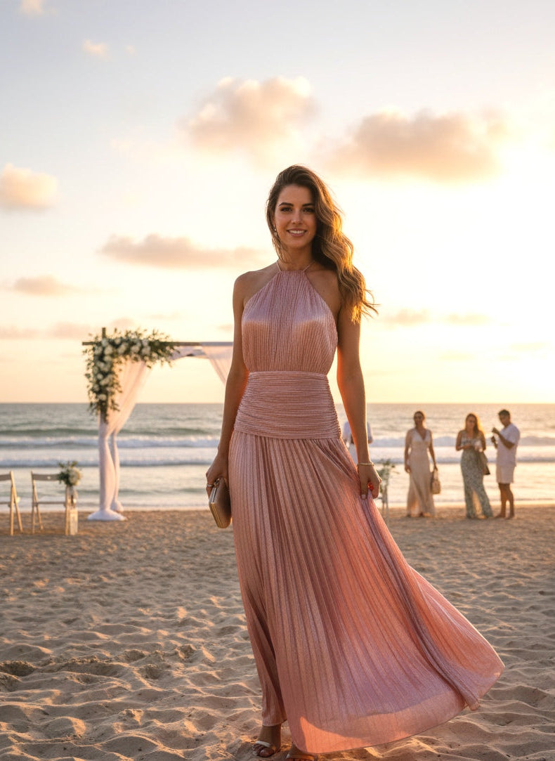 Vestido palo de rosa metalico