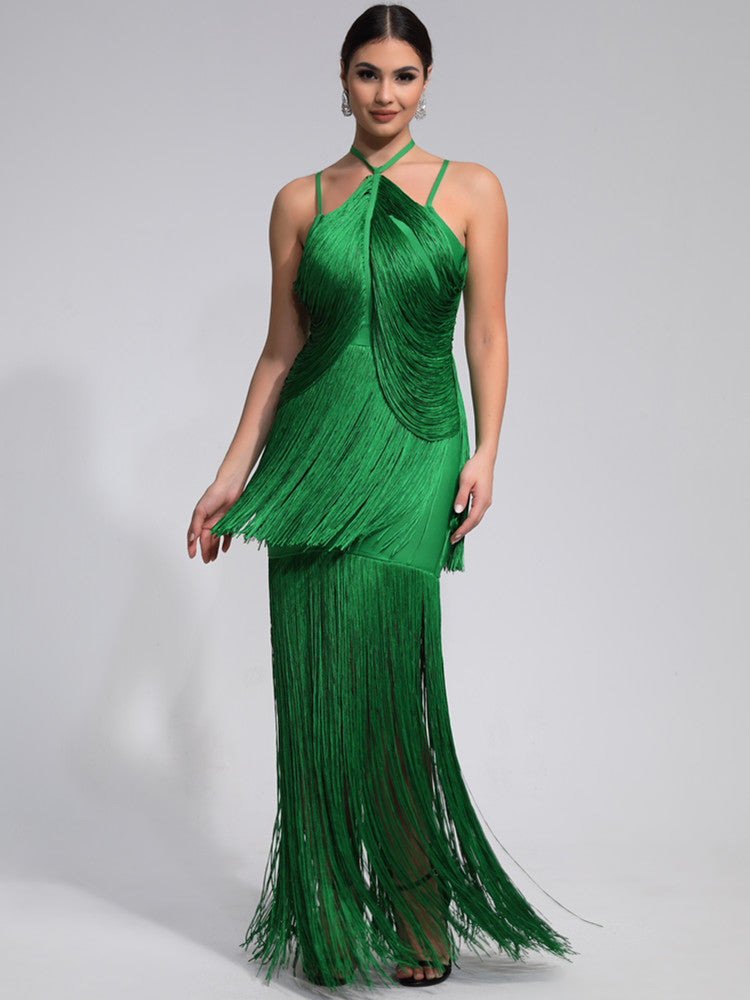 Vestido bandage verde flecos