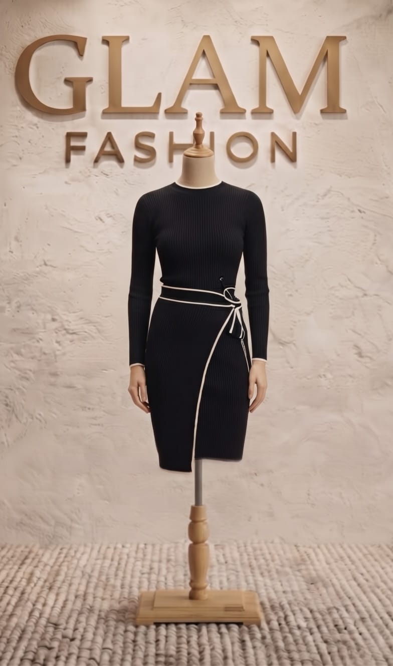 Vestido tejido negro línea blanca