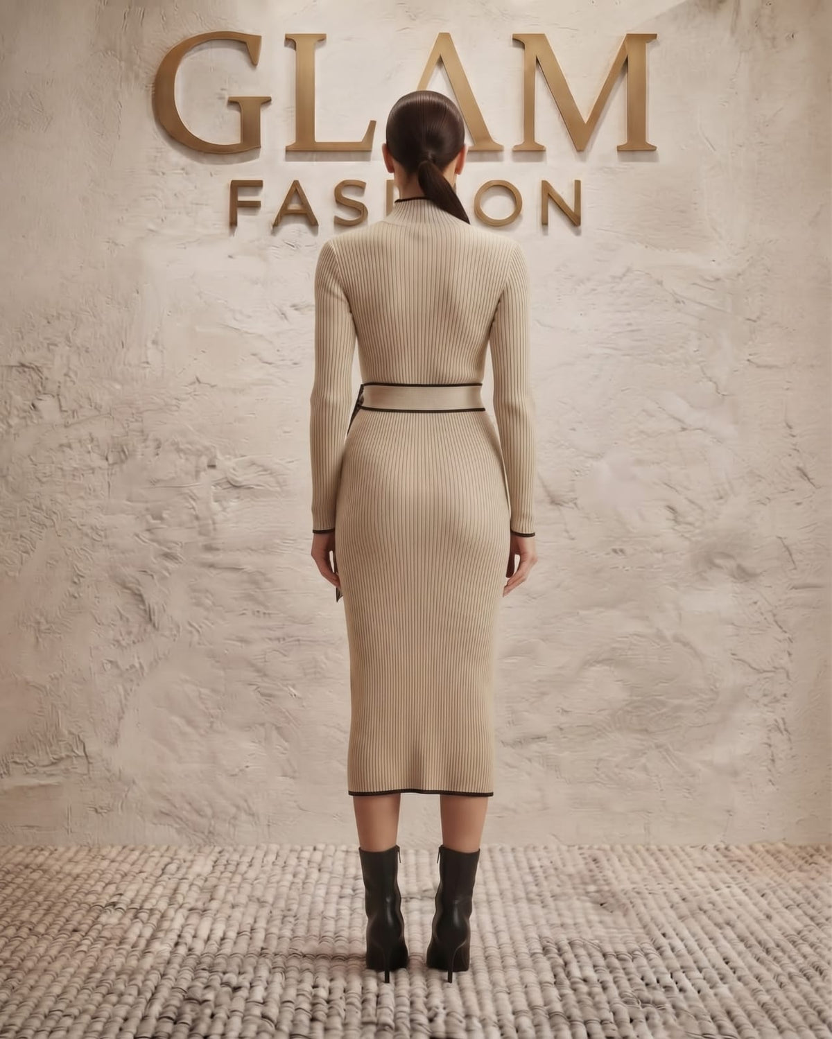 Vestido beige lapiz tejido.