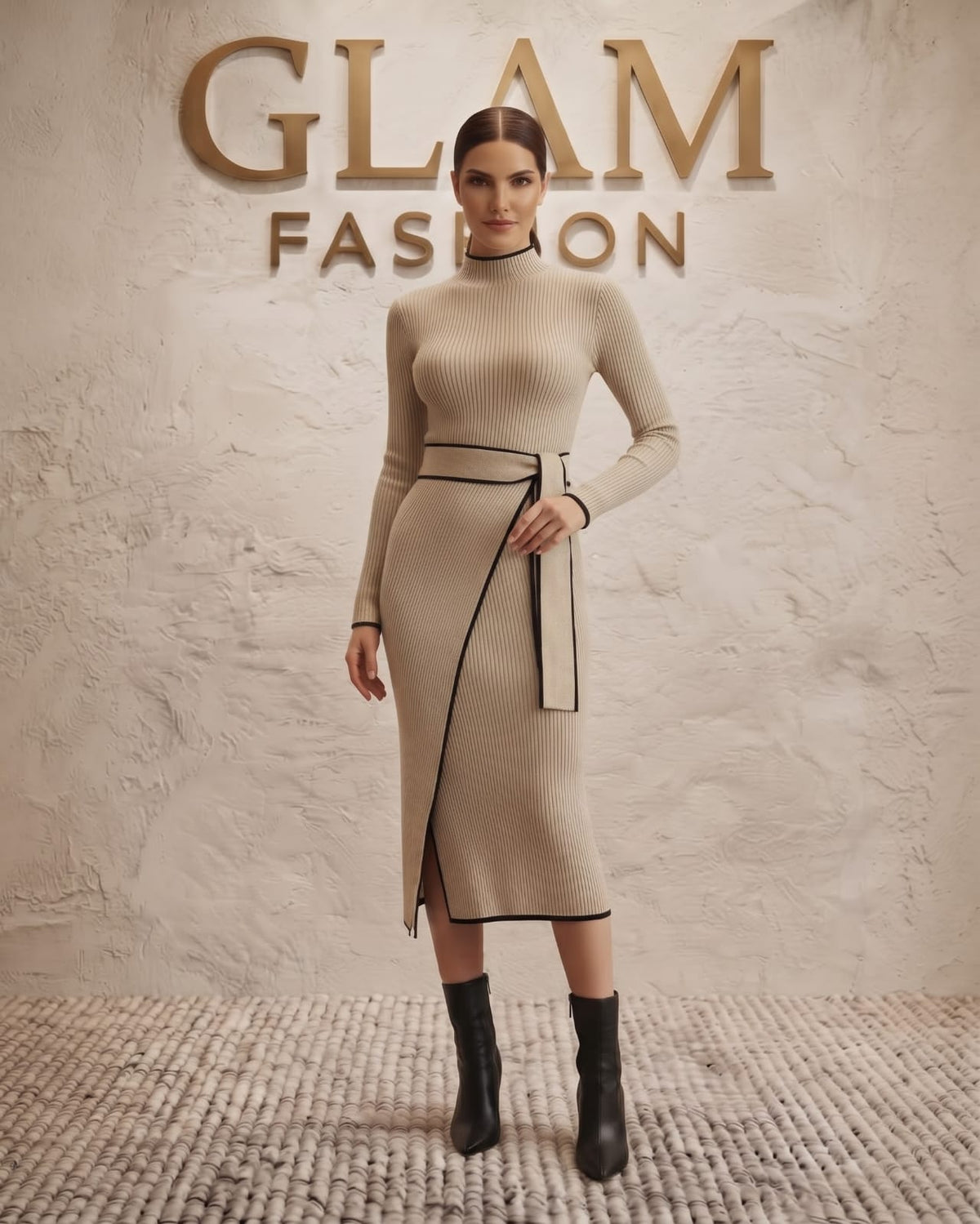 Vestido beige lapiz tejido.