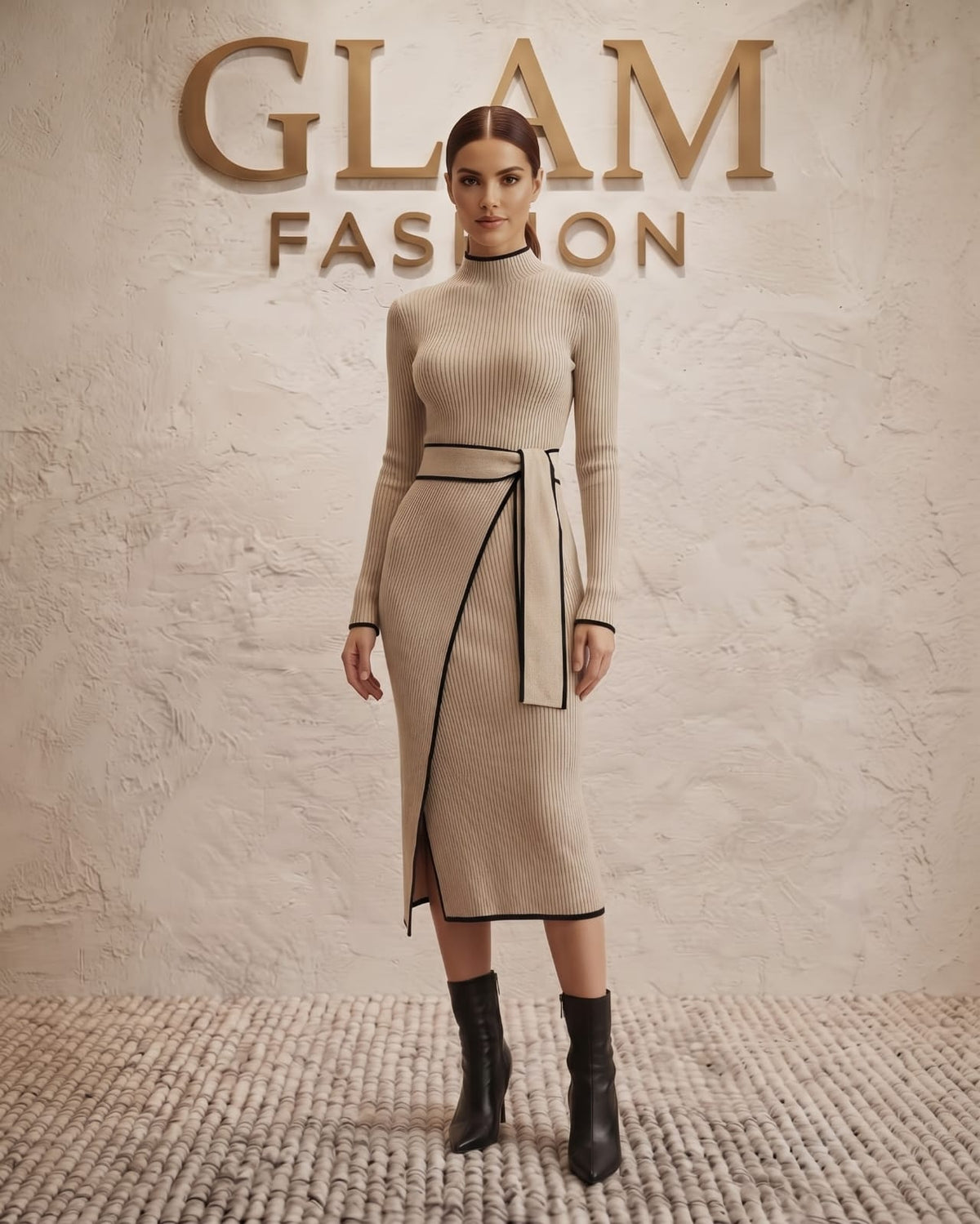 Vestido beige lapiz tejido.