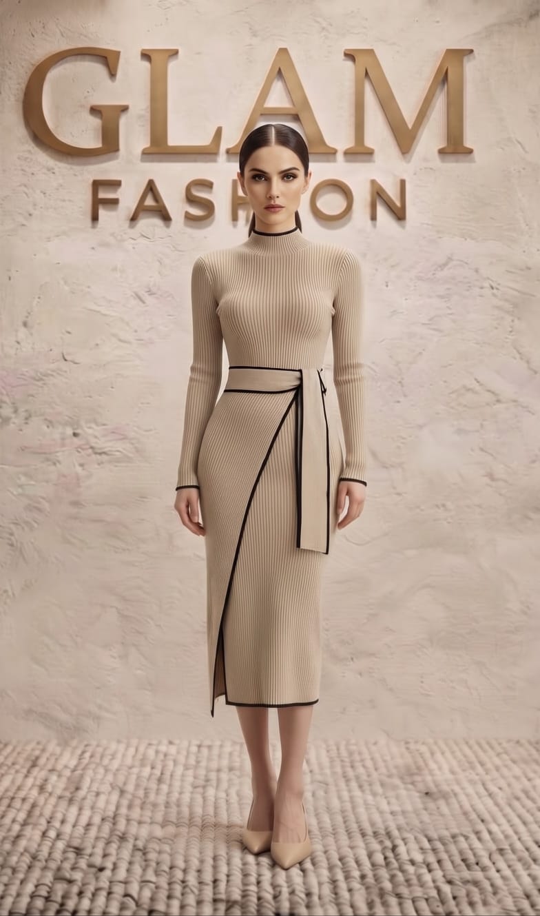 Vestido beige lapiz tejido.