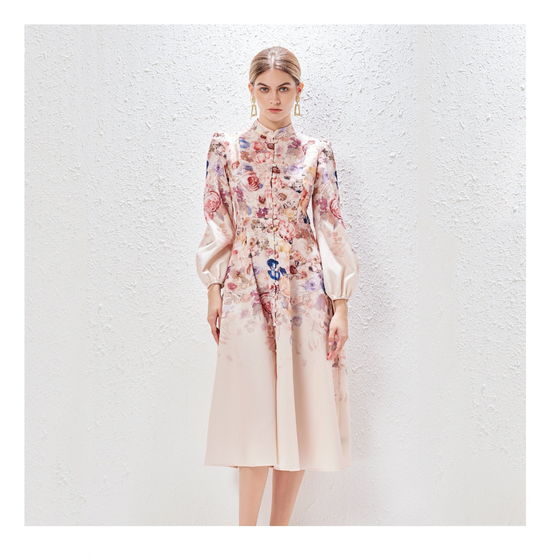 Vestido Bardot beige floreado