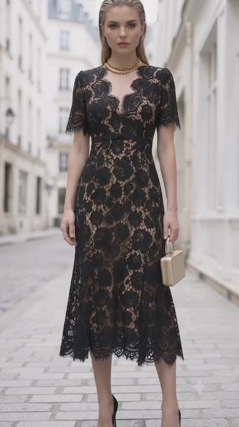 Vestido encaje negro cuello b