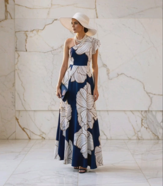 Vestido azul flores blancas 1 hombro