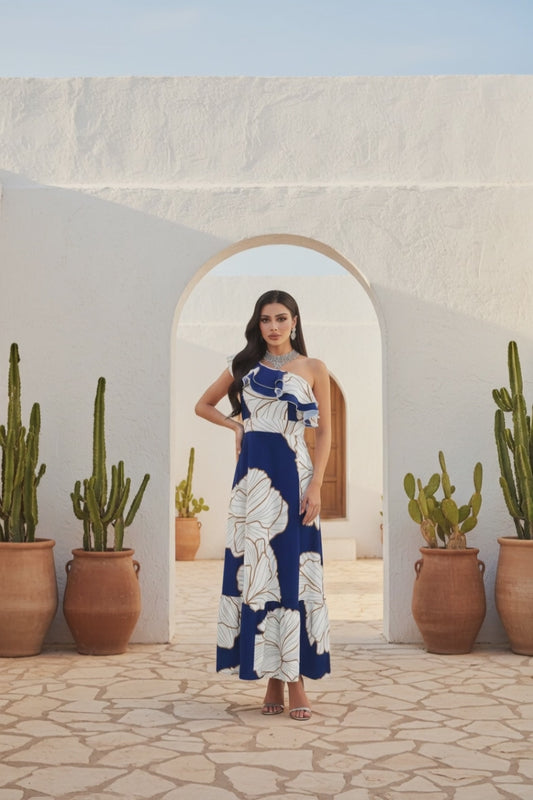 Vestido azul marino flores blancas olanes