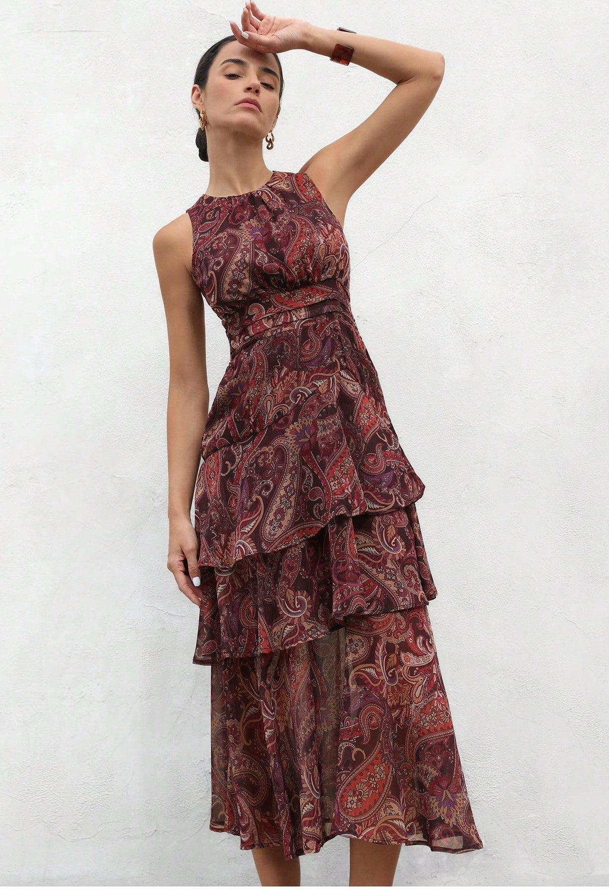 Vestido boho cafe estampado sin mangas