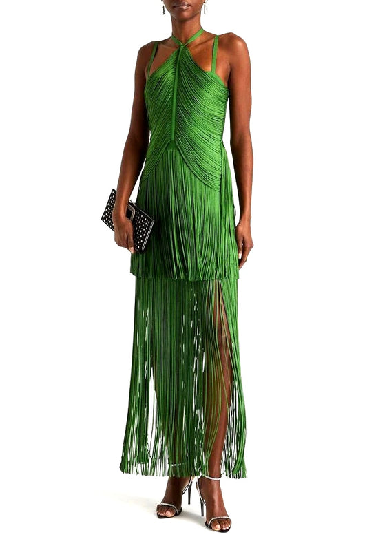 Vestido bandage verde flecos