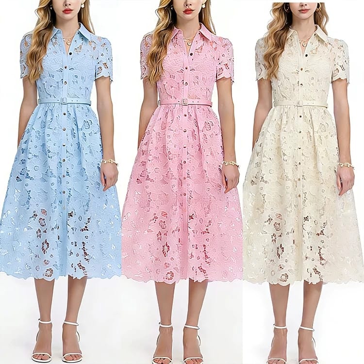 Vestido gipiur midi, manga corta, cinturón rosa, azul claro y crema