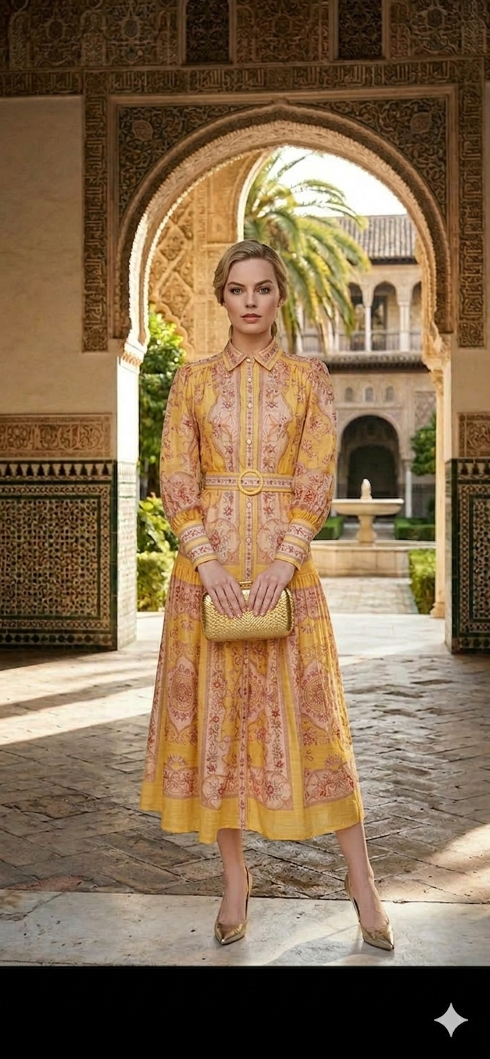Vestido amarillo estampado midi