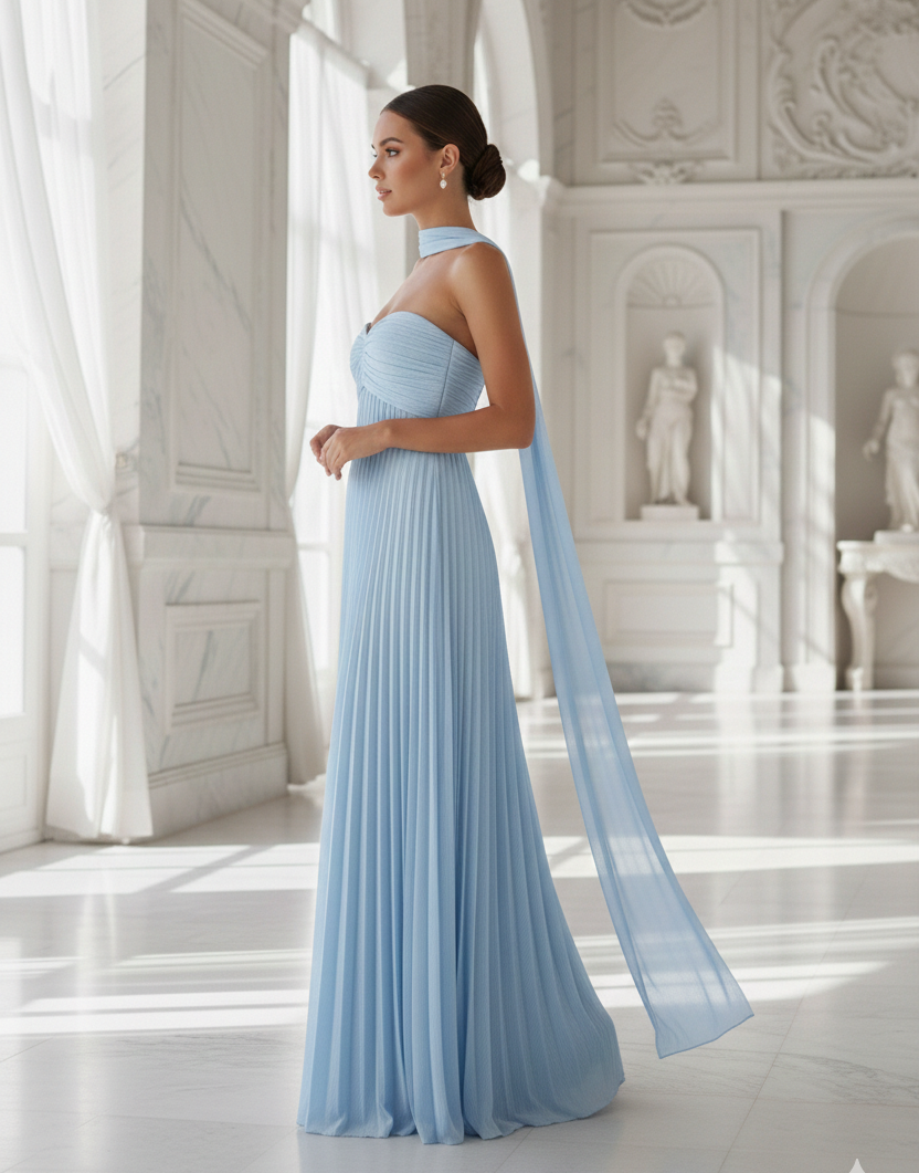 Vestido strapless azul claro