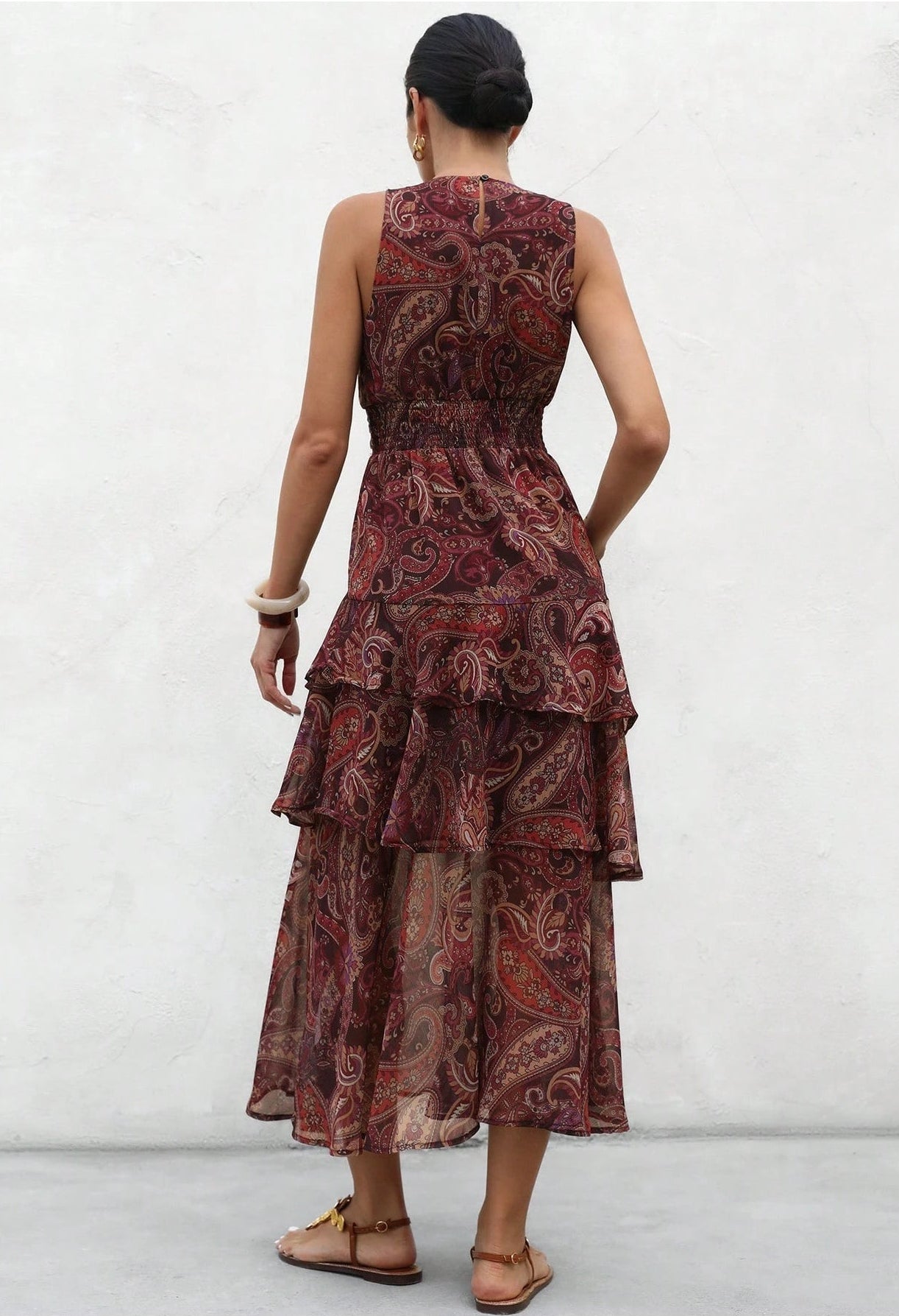 Vestido boho cafe estampado sin mangas