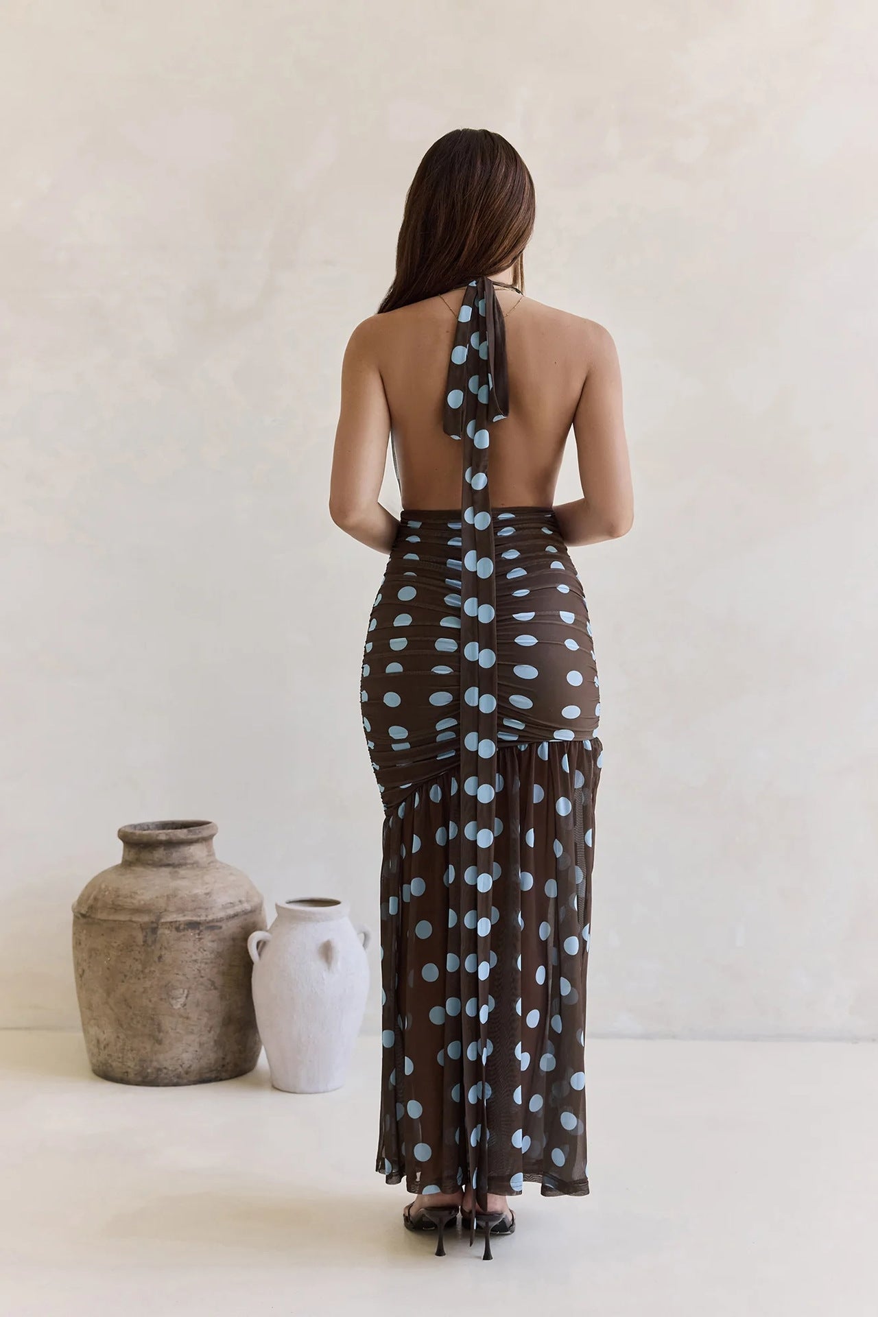 Vestido cafe halter lunares azul