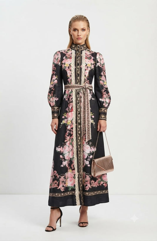 Vestido negro midi estampado flores rosas