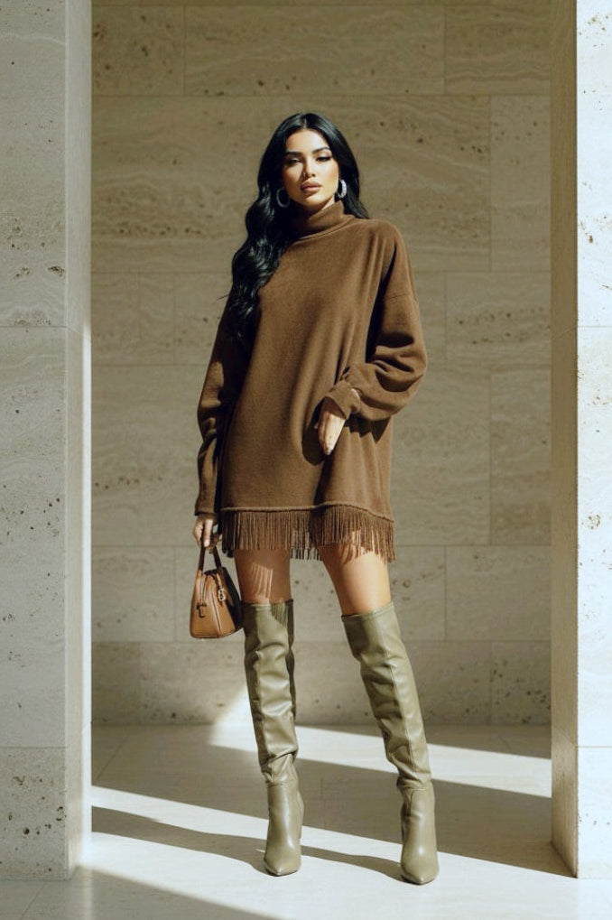 Vestido boho cafe corto flecos