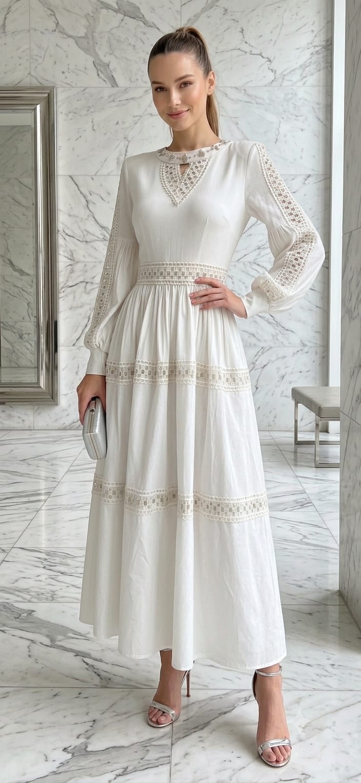 Vestido blanco midi manga larga
