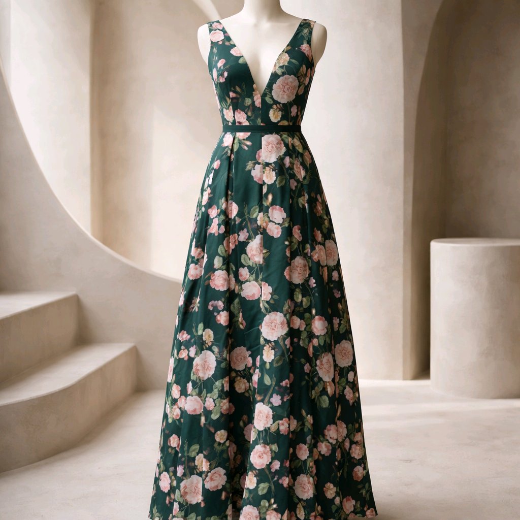 Vestido verde con estampado floral rosas
