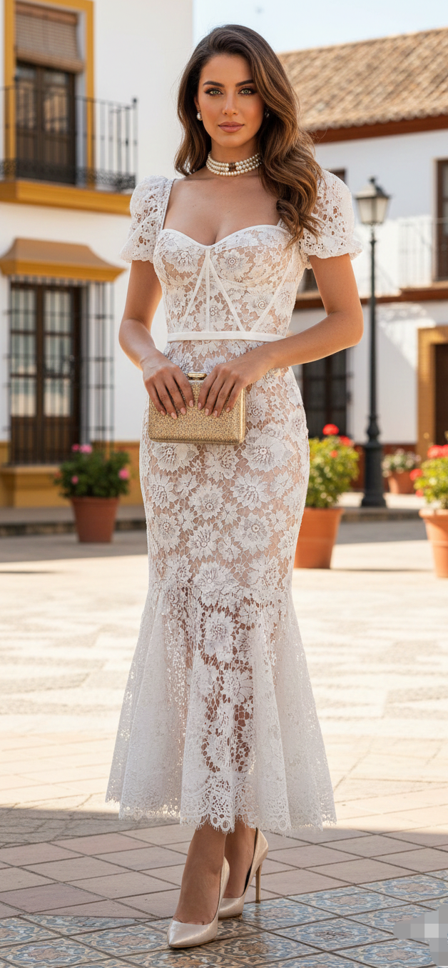 Vestido gipiur midi blanco nude