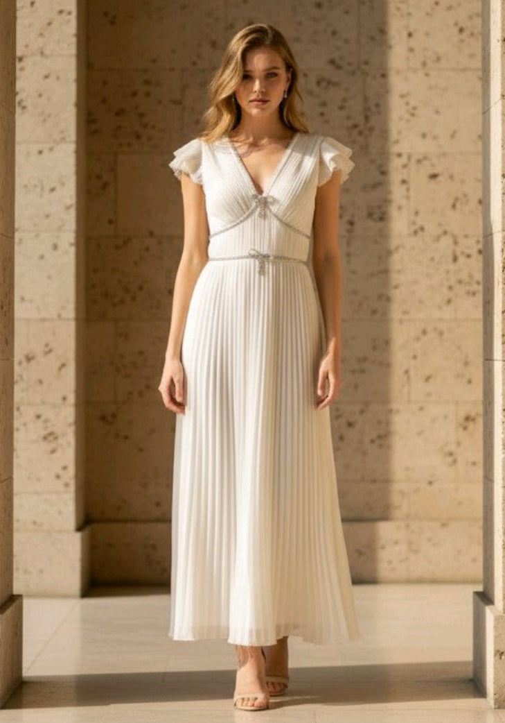Vestido midi plisado hueso