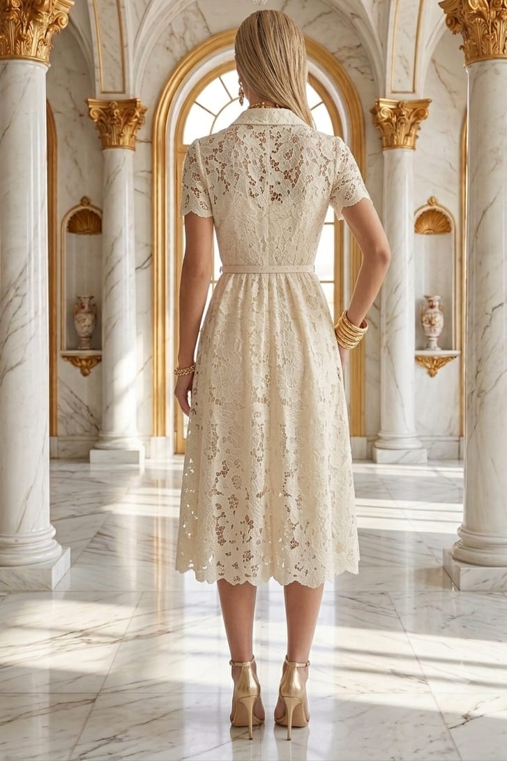 Vestido gipiur midi, manga corta, cinturón rosa, azul claro y crema