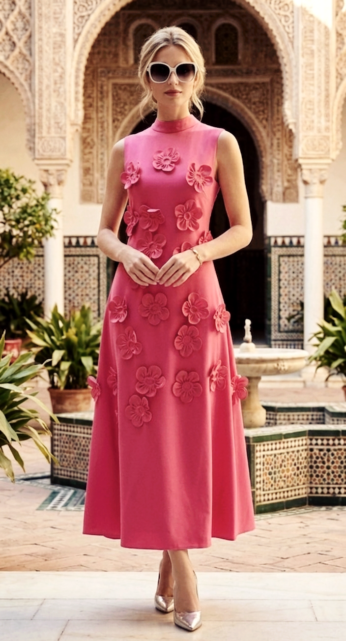 Vestido rosa con flores integradas