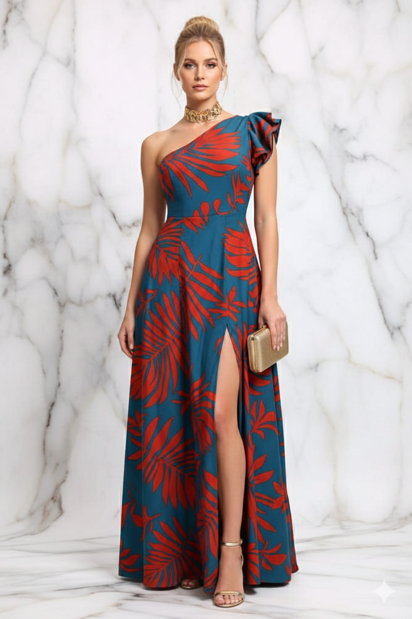 Vestido 1 hombro  plumbago flor naranja