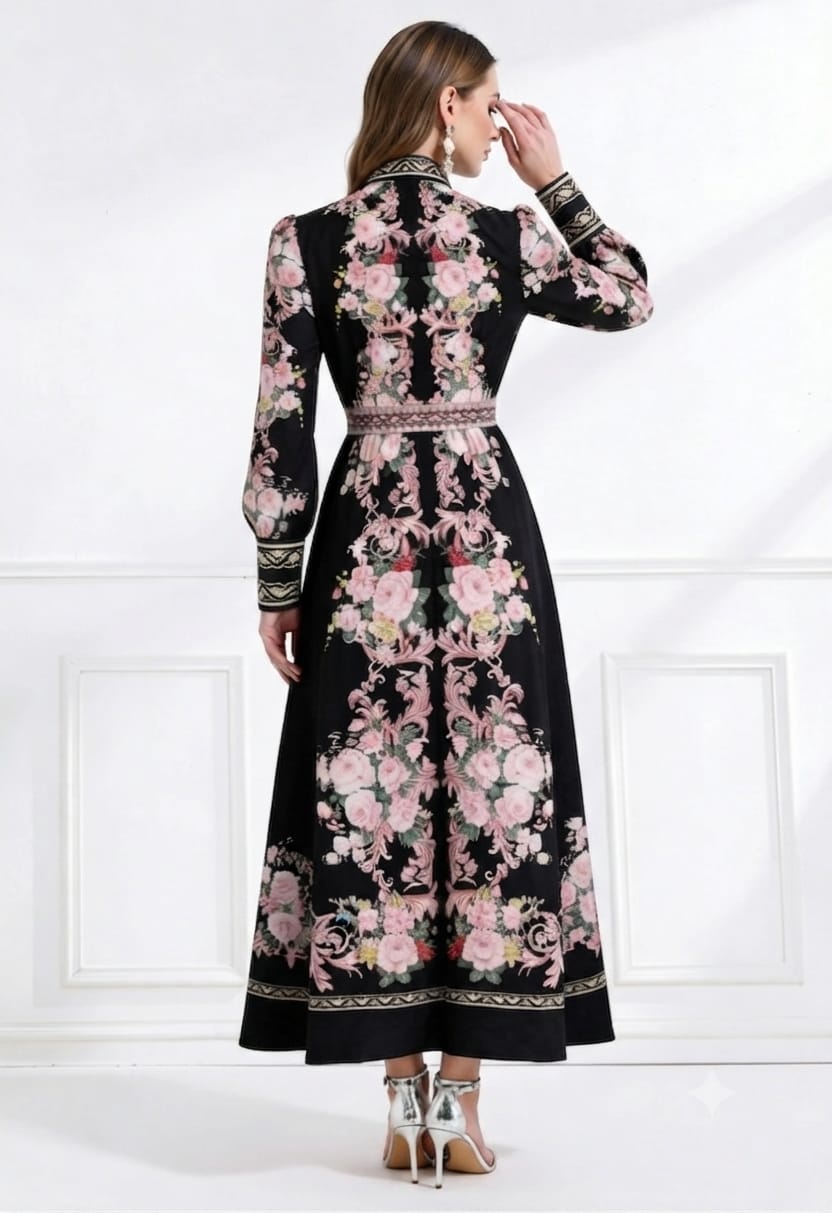 Vestido negro midi estampado flores rosas
