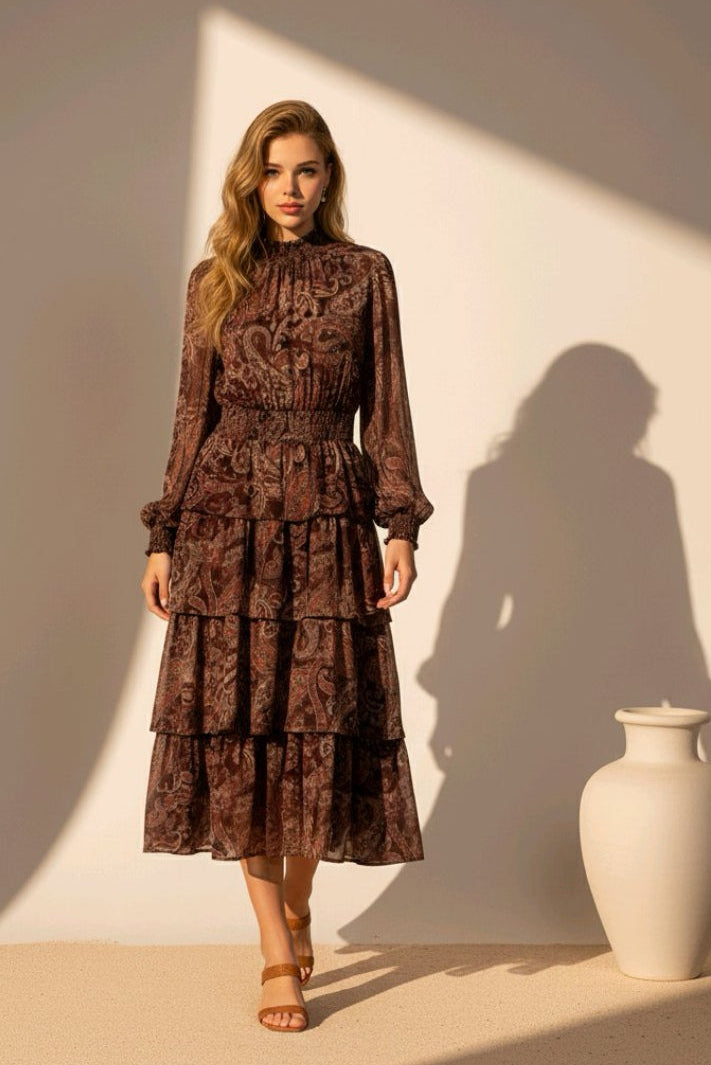 Vestido boho café estampado