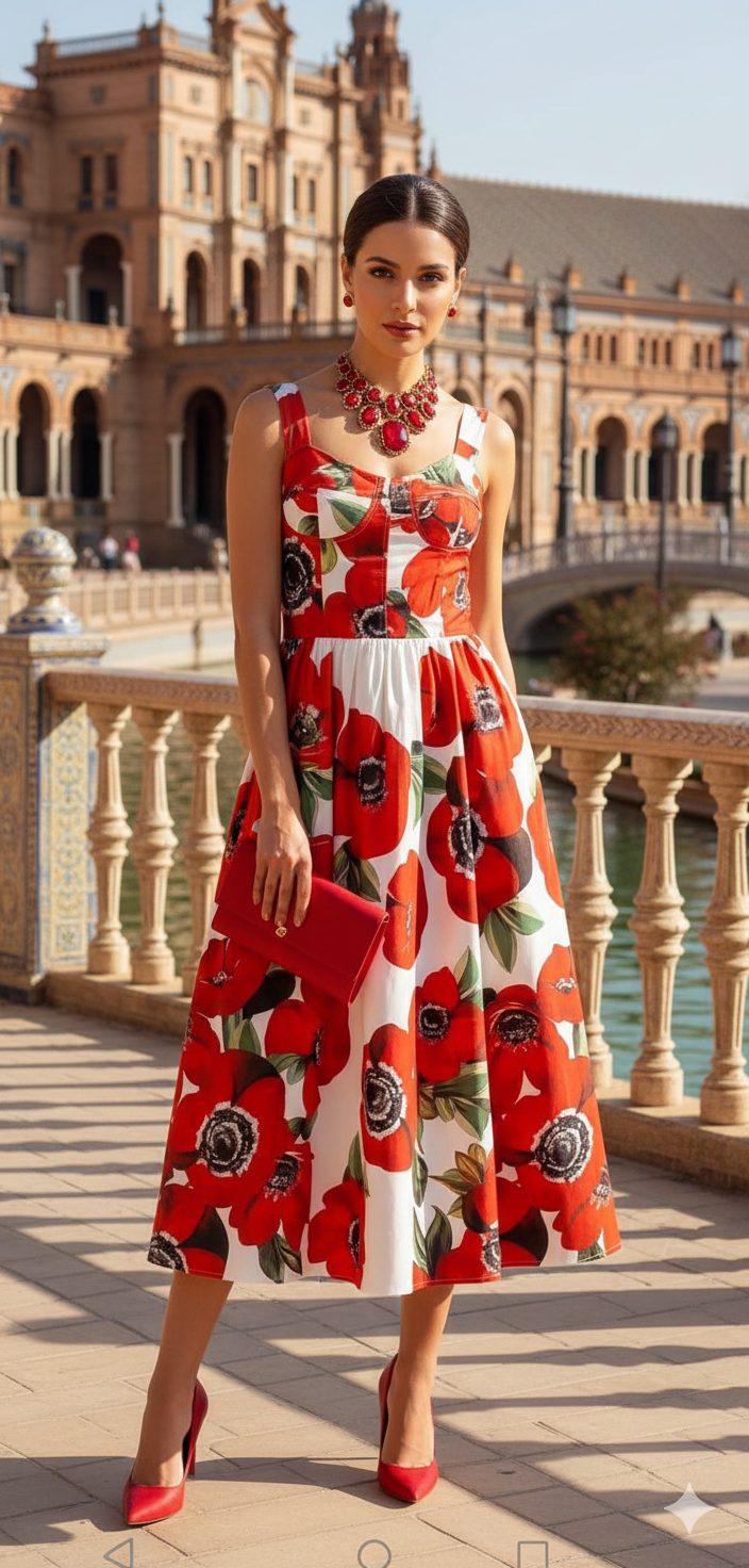 Vestido flores rojas con blanco