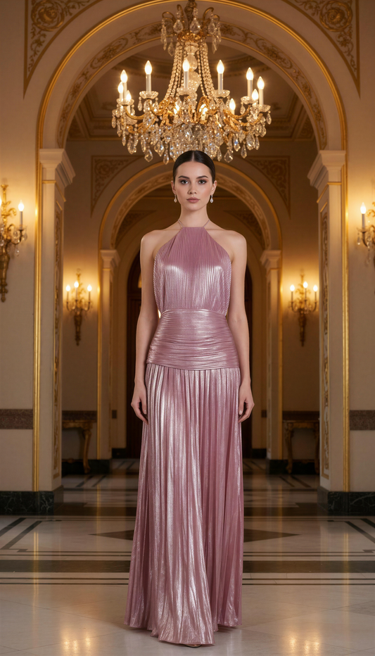 Vestido palo de rosa metalico