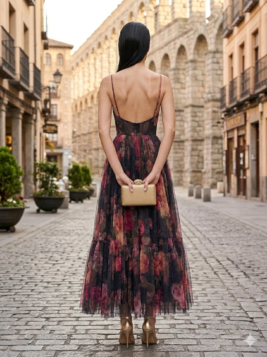 Vestido cocktail tirantes plisado estampado