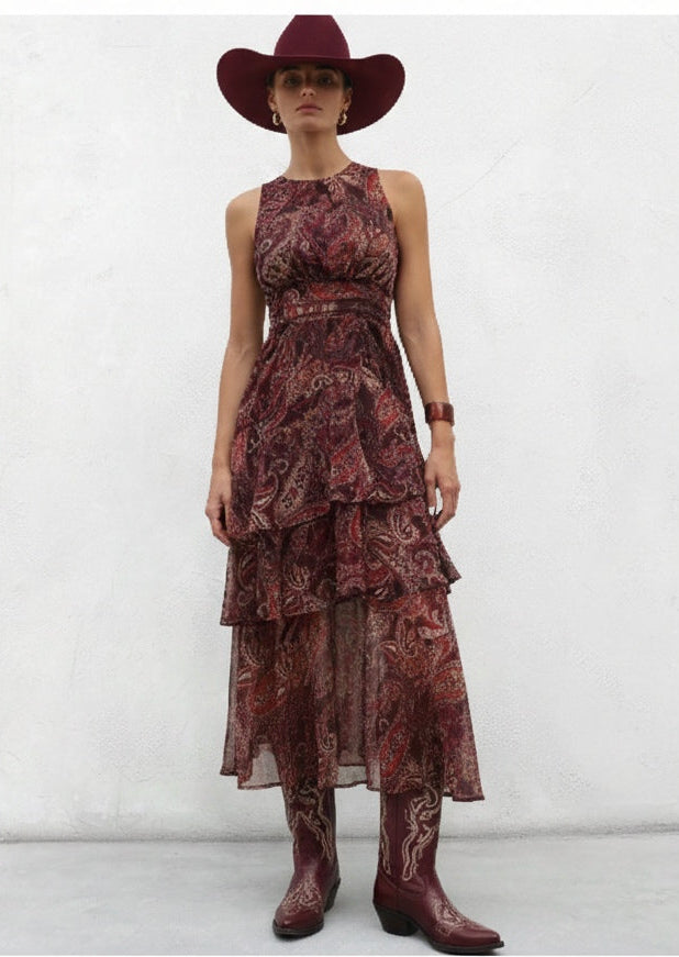 Vestido boho cafe estampado sin mangas