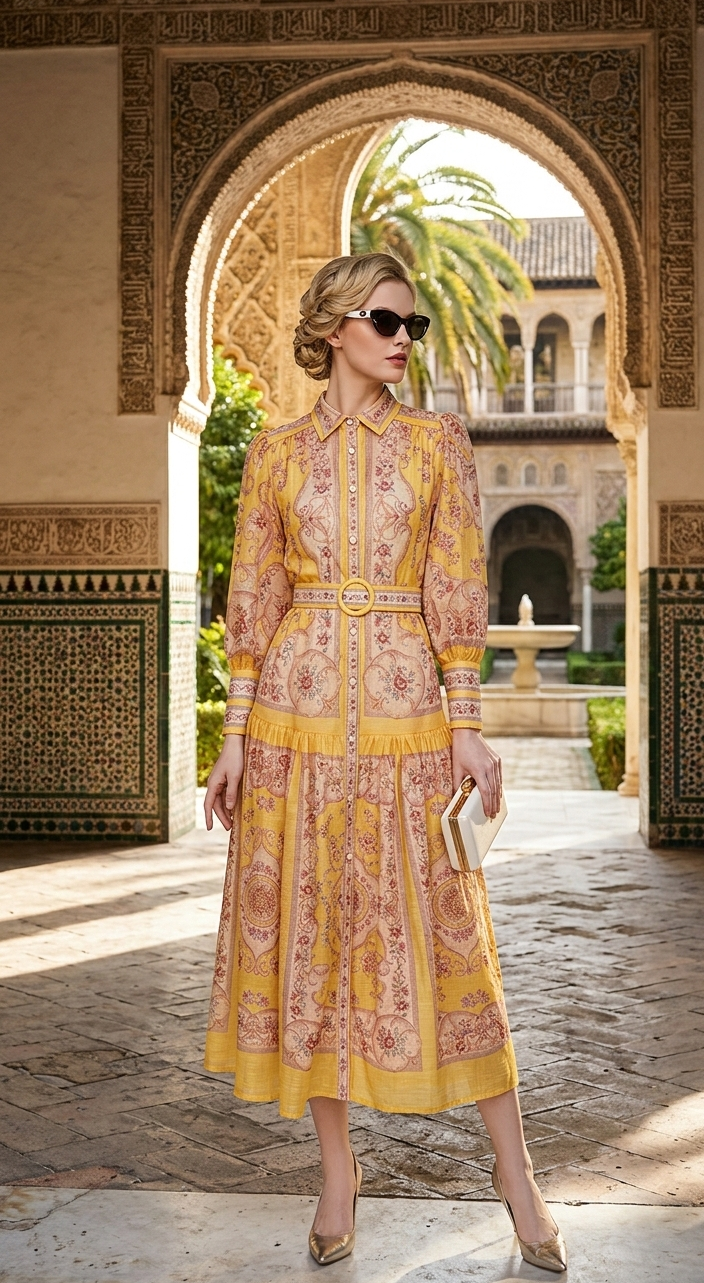 Vestido amarillo estampado midi