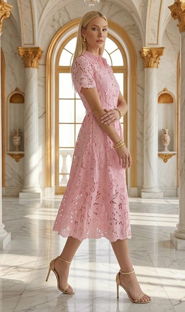 Vestido gipiur midi, manga corta, cinturón rosa, azul claro y crema